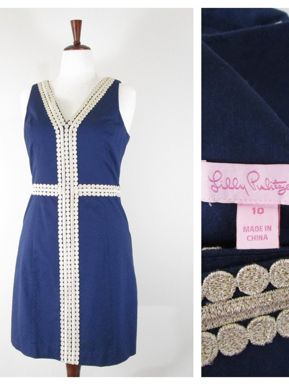 Lilly Pulitzer True Navy Bentley Shift Sleeveless Dress With Gold Trim Size 10